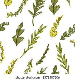 Seamless pattern with and drawn flowers and leaves, oneline style, continuous drawing