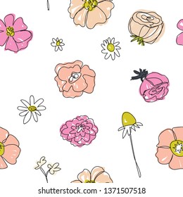 Seamless pattern with and drawn flowers and leaves, oneline style, continuous drawing