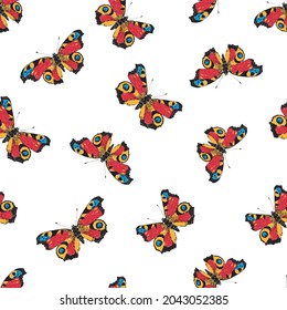 Seamless pattern of drawn flying red butterflies