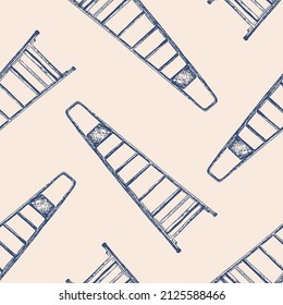 Seamless pattern of drawn folding ladder for construction work 