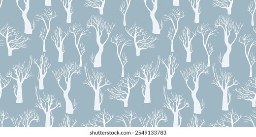 Seamless pattern of drawn frozen bare trees in winter forest, vector background, paper, wallpaper, fabric
