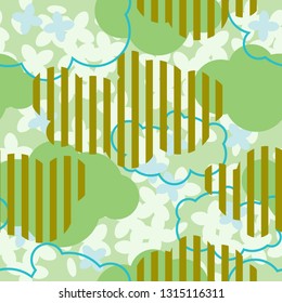 Seamless pattern with drawn funny clouds and flowers at green background.