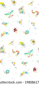 Seamless pattern with drawn funny colorful cute insects. White background. Summer funny background. Vector illustration