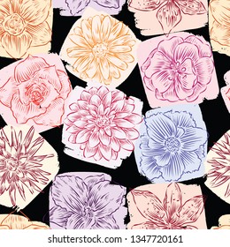 Seamless pattern of drawn garden flowers