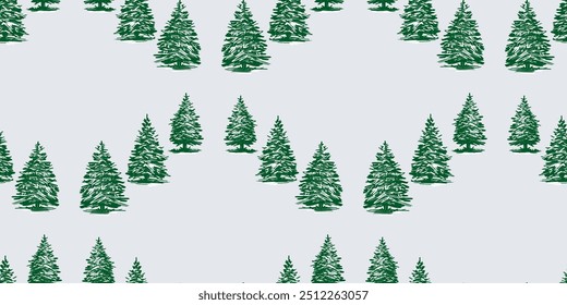 Seamless pattern of drawn green christmas trees silhouettes, vector background, wallpaper, paper, textile