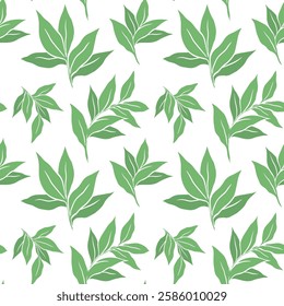 Seamless pattern with drawn green plants. Green leaves. Flora and nature. Design for background, label, decoration and design. Vector illustration