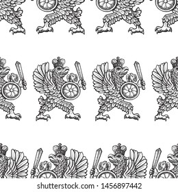 Seamless pattern of drawn heraldic eagle with a sword and a shield