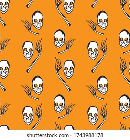 Seamless pattern of drawn human skulls and hands bones