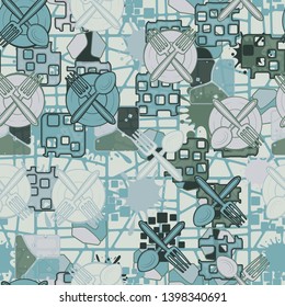 Seamless pattern. Drawn kitchen utensils scattered over a multi-color background. Editable.