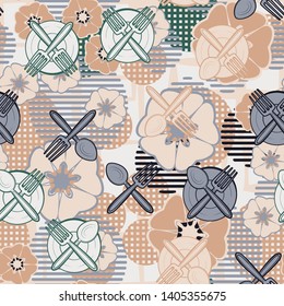 Seamless pattern. Drawn kitchen utensils scattered over a multi-color background. Editable.