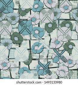 Seamless pattern. Drawn kitchen utensils scattered over a multi-color background. Editable.