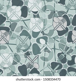 Seamless pattern. Drawn kitchen utensils and abstract elements. Multicolor. Editable.