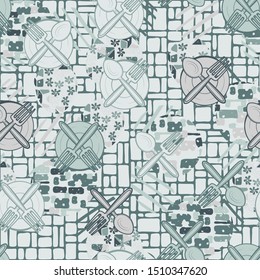 Seamless pattern. Drawn kitchen utensils and abstract elements. Multicolor. Editable.