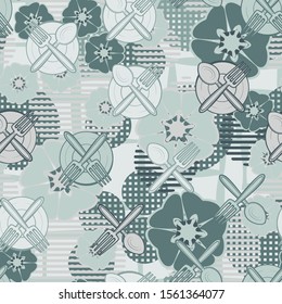 Seamless pattern. Drawn kitchen utensils and abstract elements. Multicolor. Editable.