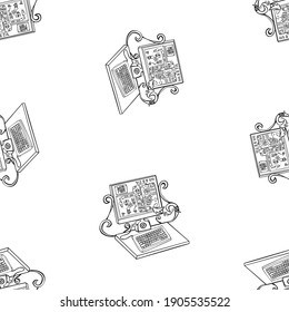 Seamless pattern of drawn laptop on internet