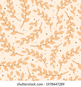 Seamless pattern of drawn laurel twigs. Light pink floral background. Vector illustration