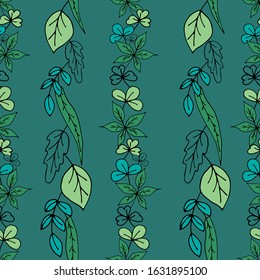 Seamless pattern of drawn leaves. Vector illustration. Linear pattern. For textile or fabric. Green leaves on a green background. Print of various small leaves on a dark green background. 