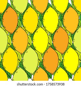 Seamless pattern with drawn lemons. Tropical summer citrus fruit engraved style background. Vector illustration for web design or print.