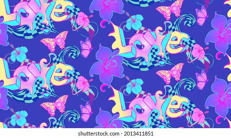 Seamless pattern. Drawn lettering love surrounded by flowers and butterflies. Psychedelic style