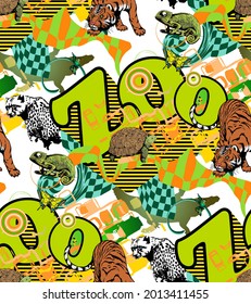 Seamless pattern. Drawn lettering zoo and chameleon, tiger and leopard on a white background