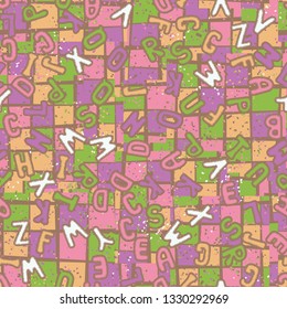 Seamless pattern. Drawn letters of the Latin alphabet scattered chaotically on an abstract background.