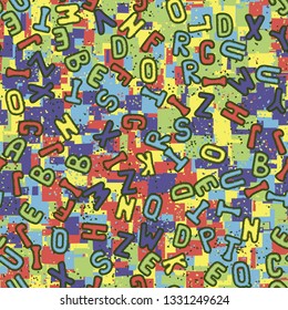 Seamless pattern. Drawn letters of the Latin alphabet scattered chaotically on an abstract background.