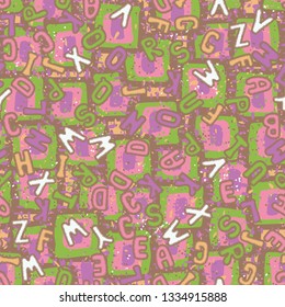Seamless pattern. Drawn letters of the Latin alphabet scattered chaotically on an abstract background.