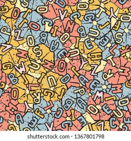 Seamless pattern. Drawn letters scattered over a multi-color background.