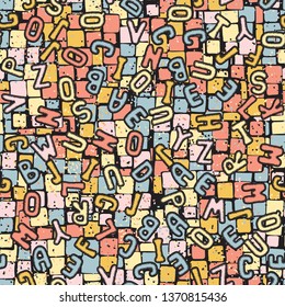 Seamless pattern. Drawn letters scattered over a multi-color background.