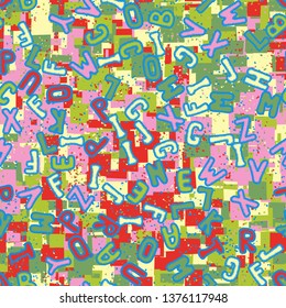Seamless pattern. Drawn letters scattered over a multi-color background.