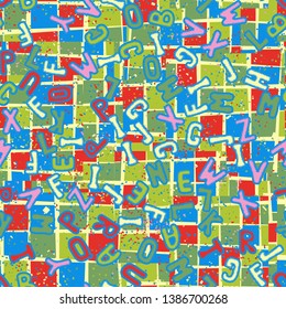 Seamless pattern. Drawn letters scattered over a multi-color background.