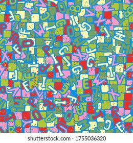 Seamless pattern. Drawn letters scattered over a multi-color background.