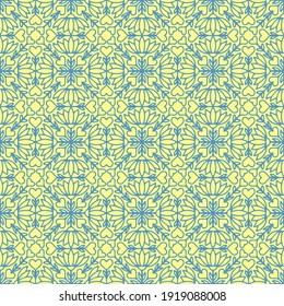 seamless pattern drawn with light blue flowers and hearts on a yellow background, vector, mosaic
