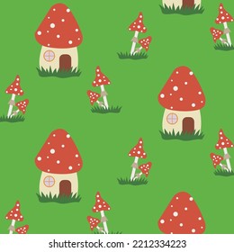 Seamless pattern, drawn magic mushrooms fly agaric in the form of houses. Textile for children, wallpaper, print. Vector