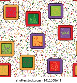 Seamless pattern. Drawn marine objects in the framework scattered over a multi-color background.