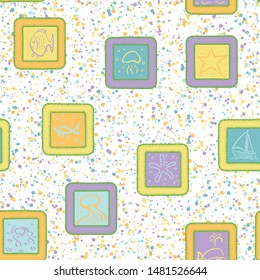 Seamless pattern. Drawn marine objects in the framework scattered over a multi-color background.