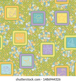 Seamless pattern. Drawn marine objects in the framework scattered over a multi-color background.