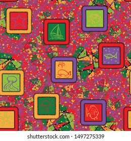 Seamless pattern. Drawn marine objects in the framework scattered over a multi-color background.