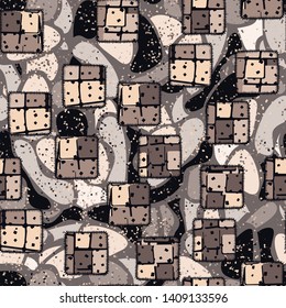 Seamless pattern. Drawn motley sewn patches scattered over a multicolored background.
