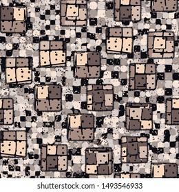 Seamless pattern. Drawn motley sewn patches scattered over a multicolored background.