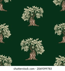 Seamless pattern of drawn olive trees