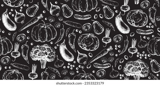 Seamless pattern with drawn on chalkboard vegetables. Background with broccoli, eggplant, onion, mushrooms, zucchini, peppers, garlic, peas, tomatoes, carrot, beetroot, cabbage, pumpkin, cauliflower