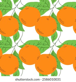 Seamless pattern with drawn oranges with leaves. Citrus fruit. Design for background, label, decoration and design. Vector illustration