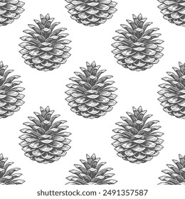 Seamless pattern, drawn pine cones on a white background. Silhouettes of cones background. Design for textiles, wallpaper