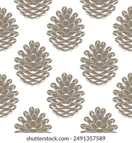 Seamless pattern, drawn pine cones on a white background. Silhouettes of cones background. Design for textiles, wallpaper