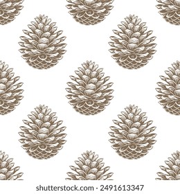 Seamless pattern, drawn pine cones on a white background. Silhouettes of cones background. Design for textiles, wallpaper