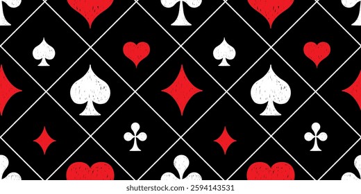 Seamless pattern with сrayon drawn poker card suits on black. Gambling game, casino symbol vector illustration. Great for textile, fabric, wallpaper, wrapping, scrapbook and packaging