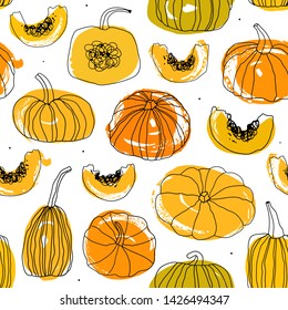 Seamless pattern with drawn pumpkins. Vector botanical texture. Vegetable background