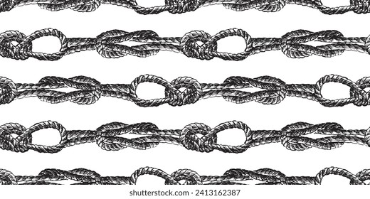 Seamless pattern of drawn rigging rope tied in sea knots, vector background for wallpaper,paper