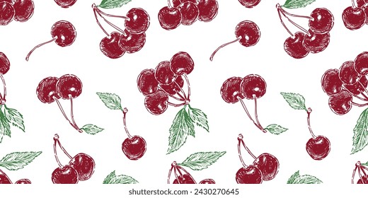 Seamless pattern of drawn ripe red cherries berries with green leaves, vector background for paper,textile, wallpaper